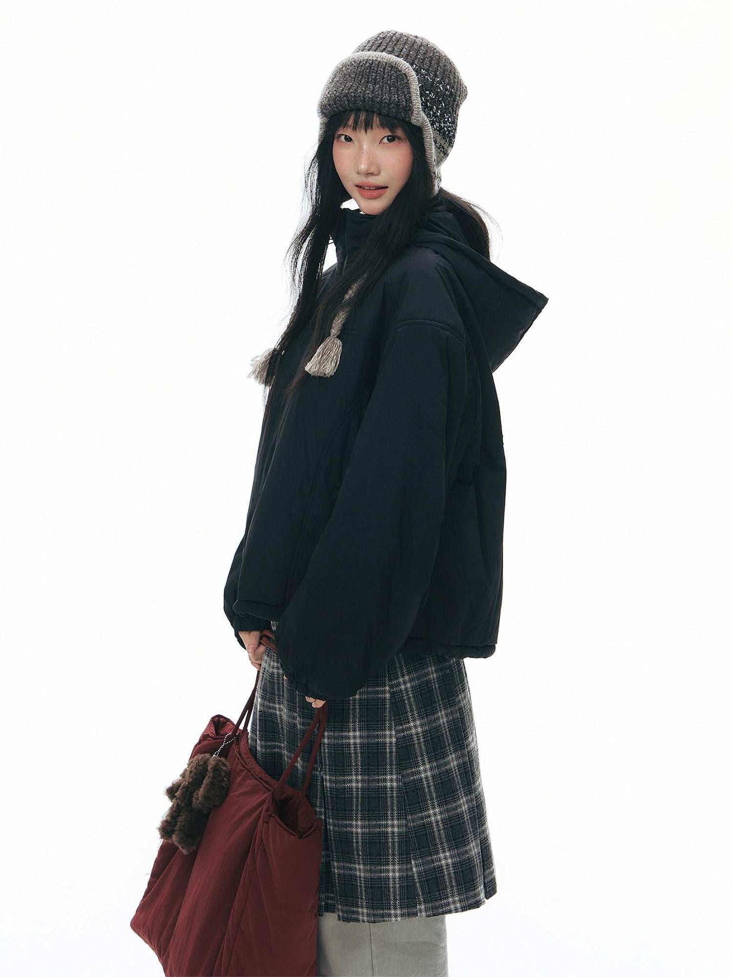 NAPSNAPS Black Detachable Hood Spliced Fur Lined Women&