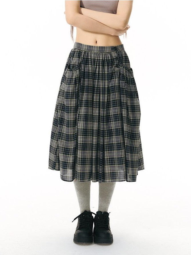 NAPSNAPS Black Green Plaid Large Pocket Mid Waist Women&