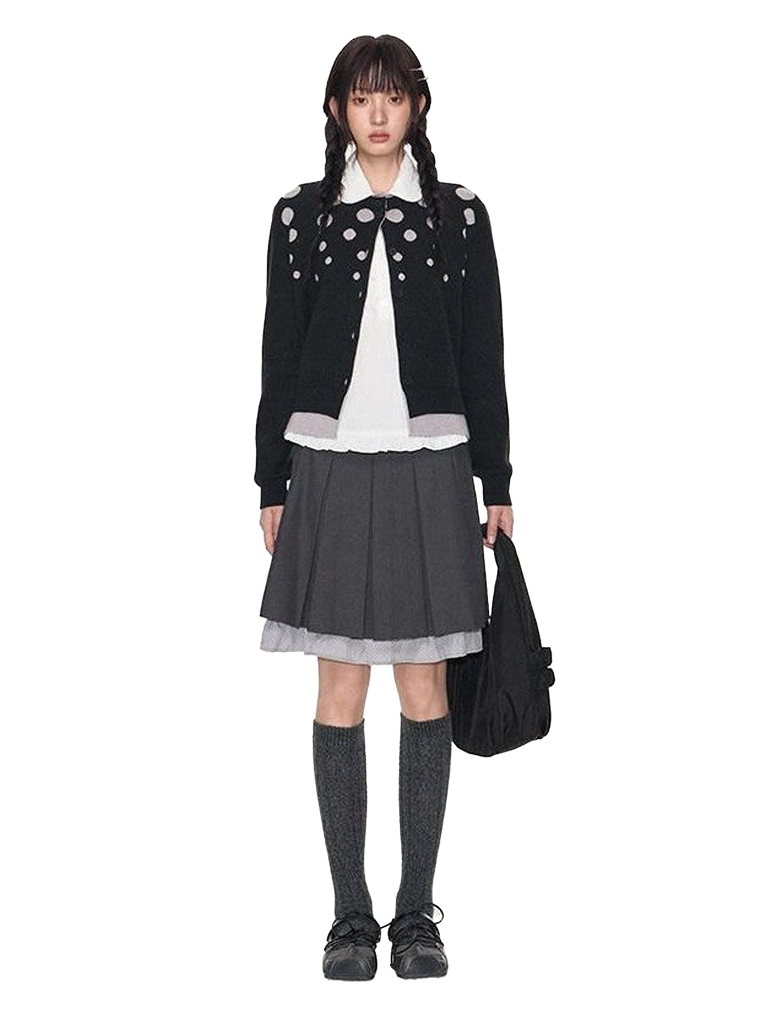 NAPSNAPS Black Grey Polka Dot Faux Two Piece Knit Round Neck Women&