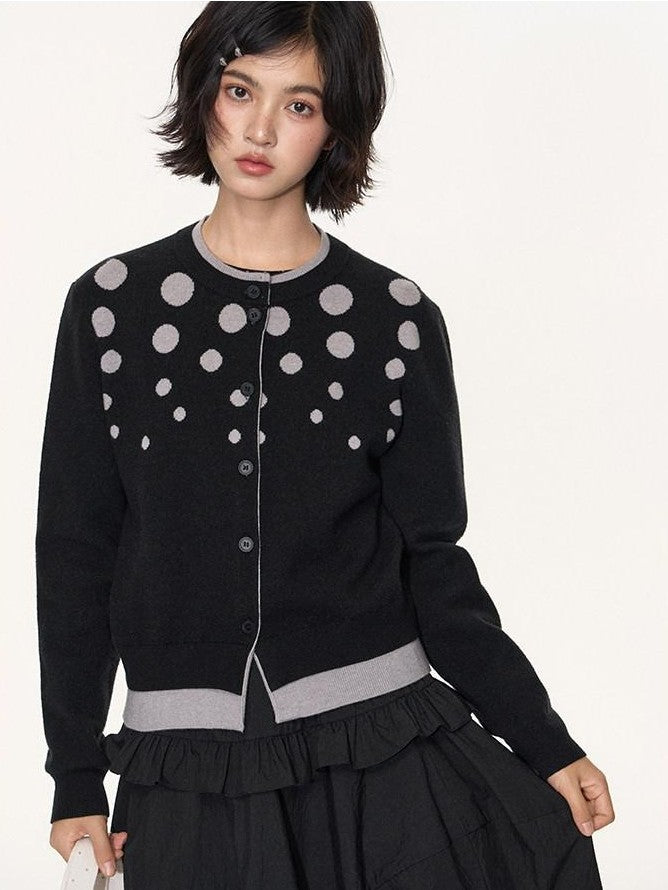 NAPSNAPS Black Grey Polka Dot Faux Two Piece Knit Round Neck Women&