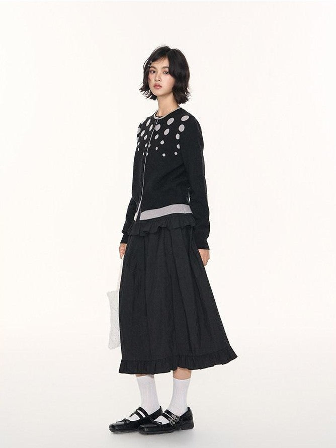 NAPSNAPS Black Grey Polka Dot Faux Two Piece Knit Round Neck Women&