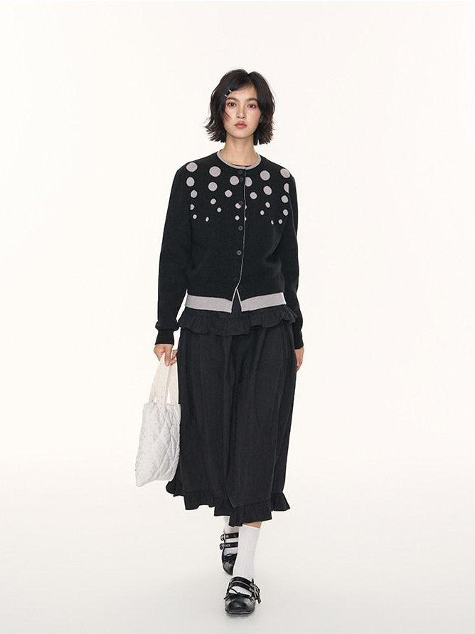 NAPSNAPS Black Grey Polka Dot Faux Two Piece Knit Round Neck Women&