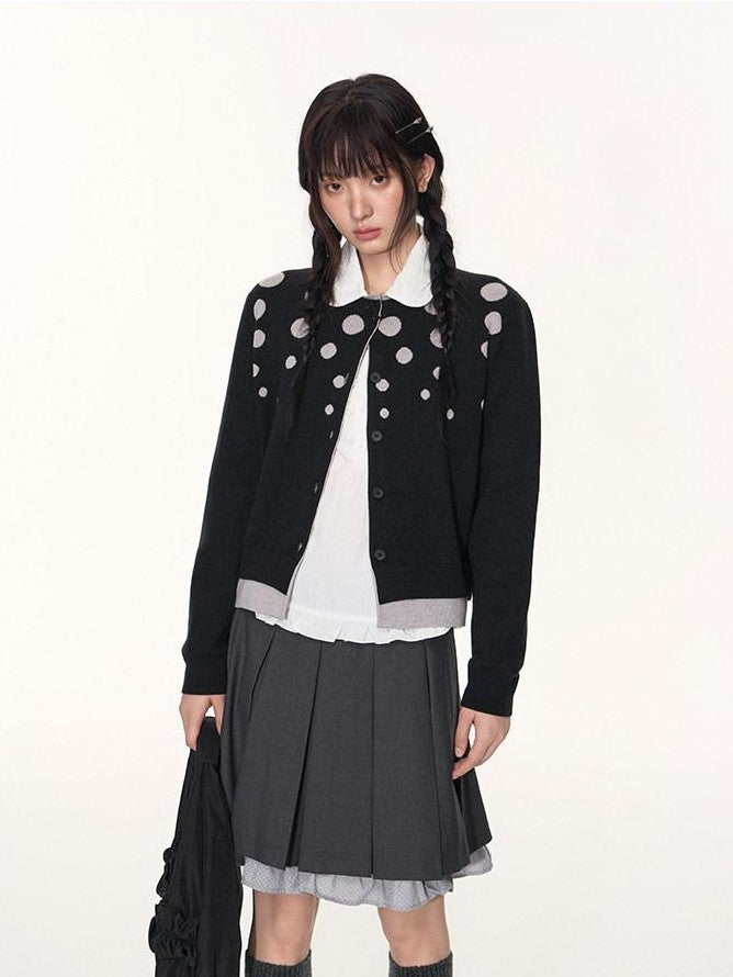 NAPSNAPS Black Grey Polka Dot Faux Two Piece Knit Round Neck Women&