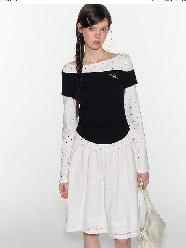 NAPSNAPS Black Polka Dot Asymmetric Spliced Embroidered Women&