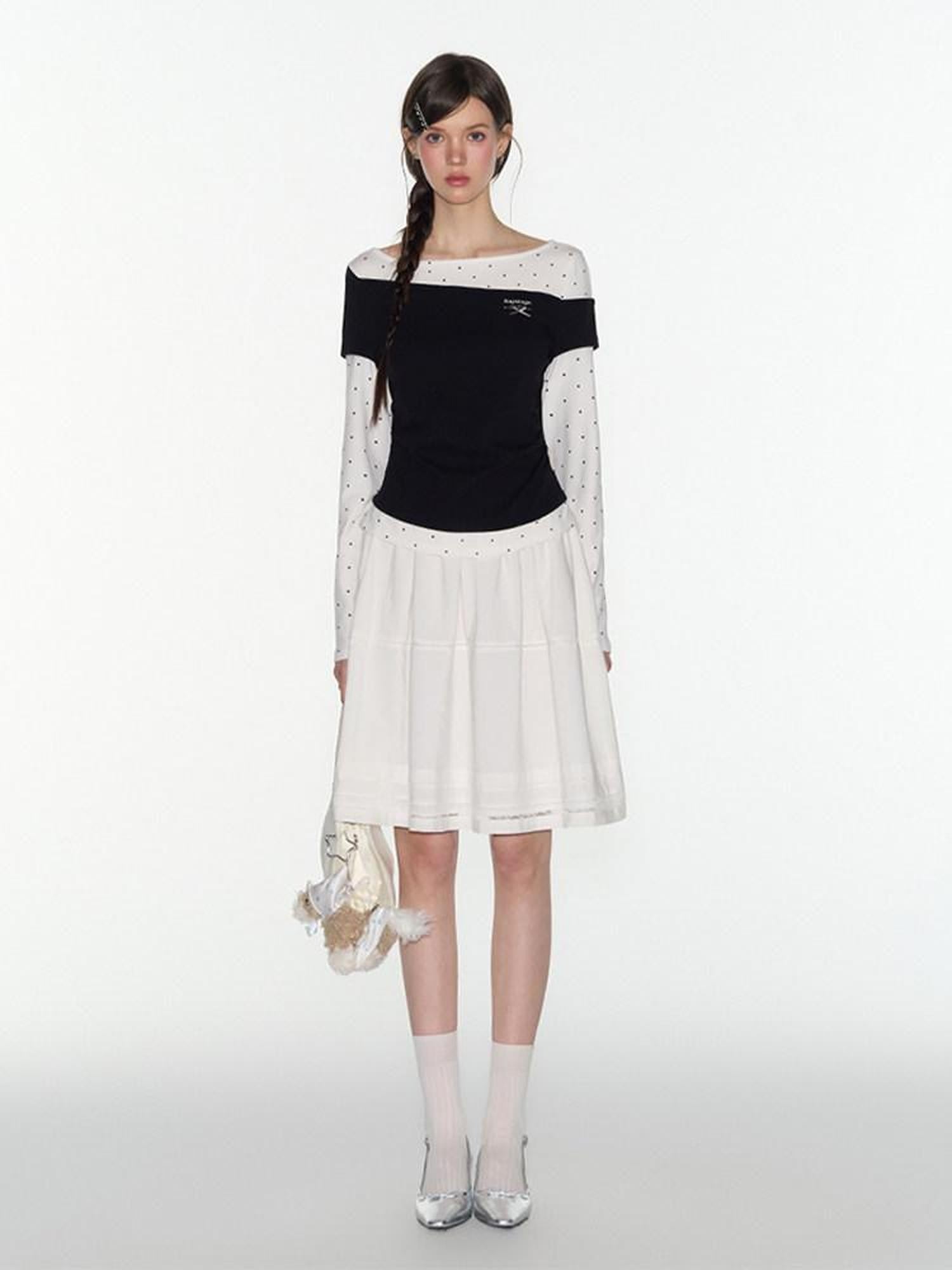 NAPSNAPS Black Polka Dot Asymmetric Spliced Embroidered Women&