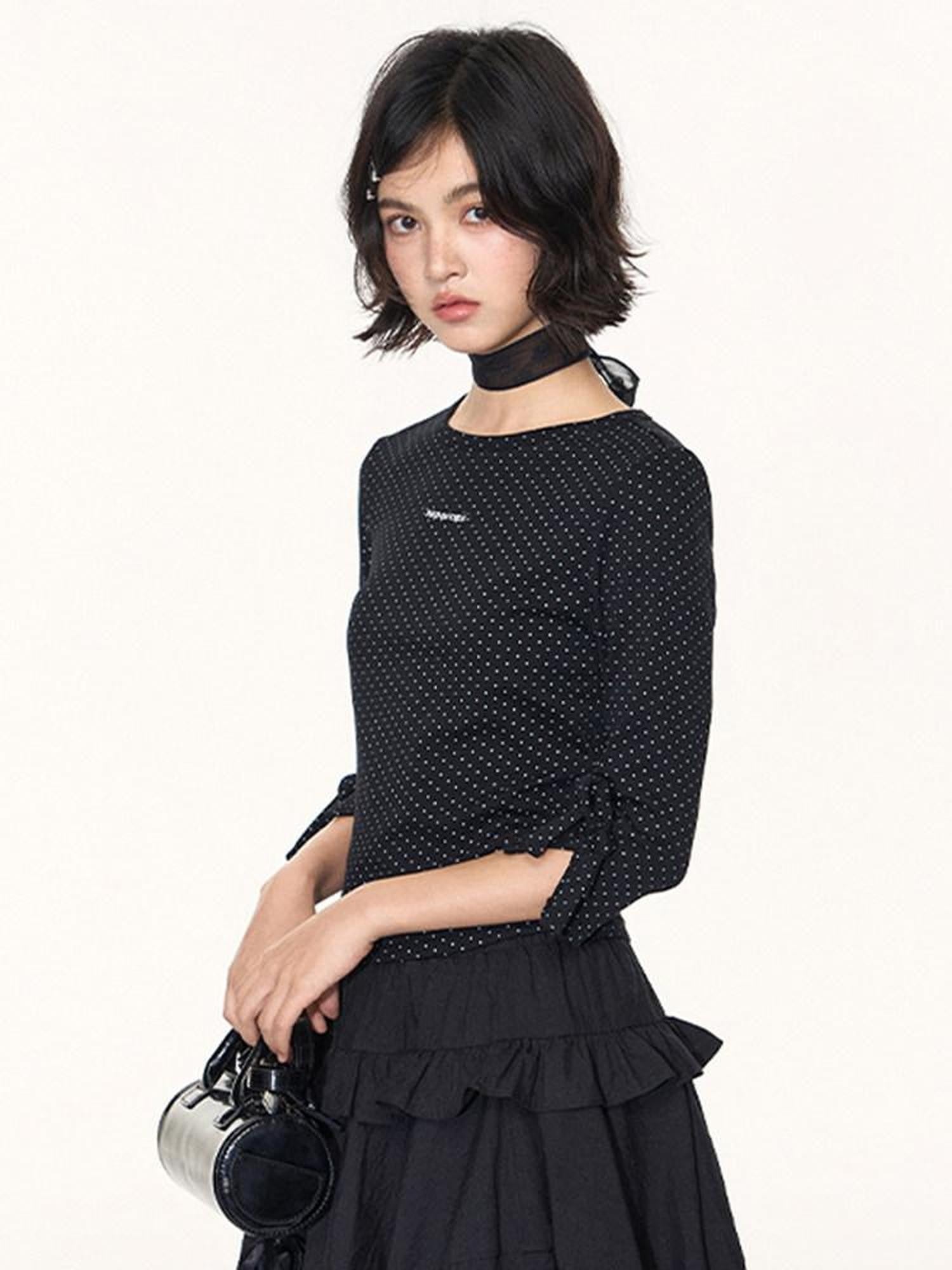 NAPSNAPS Black White Polka Dot Embroidered Bow Slim Women&