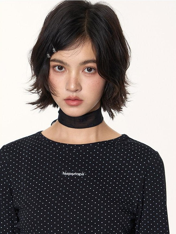 NAPSNAPS Black White Polka Dot Embroidered Bow Slim Women&