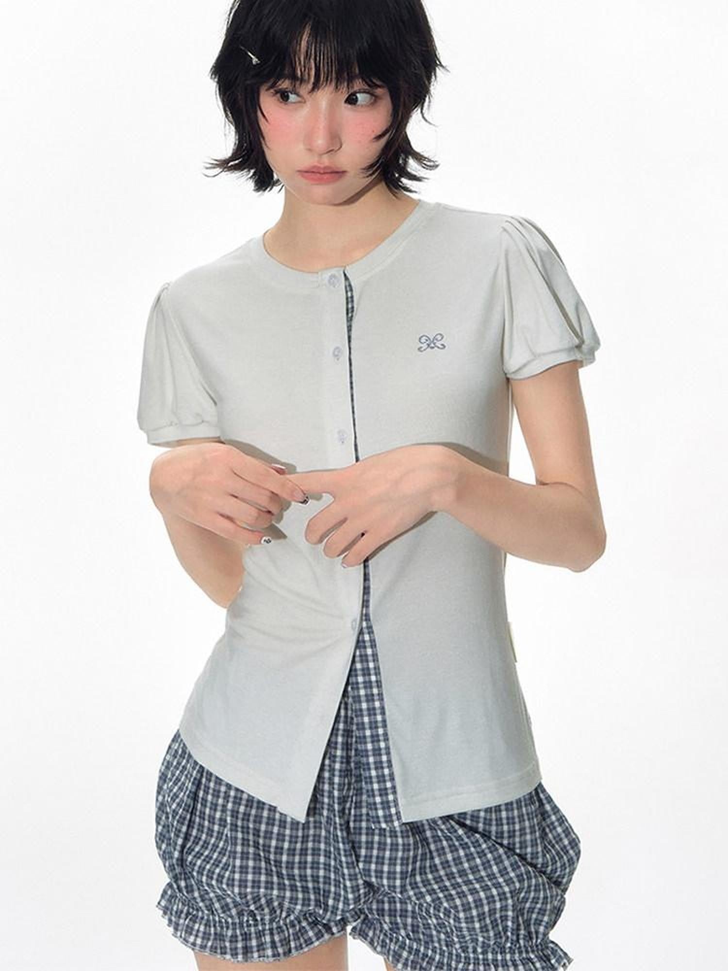 NAPSNAPS Blue Gingham Patchwork Embroidered Ruffle Slim Women&