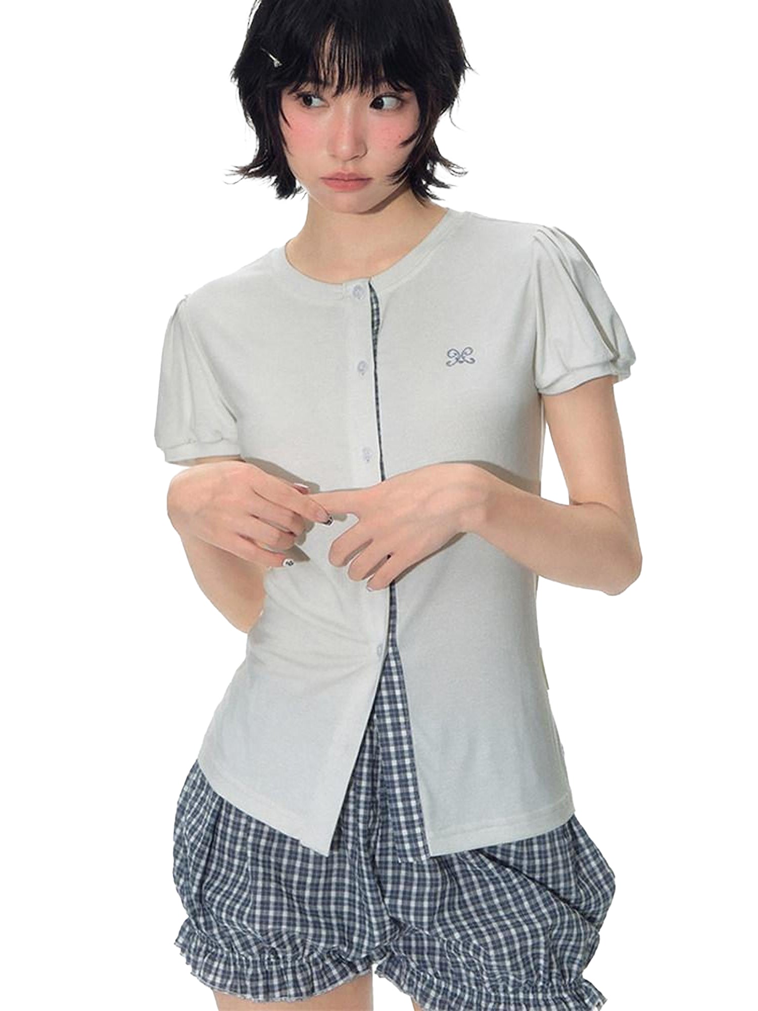 NAPSNAPS Blue Gingham Patchwork Embroidered Ruffle Slim Women&