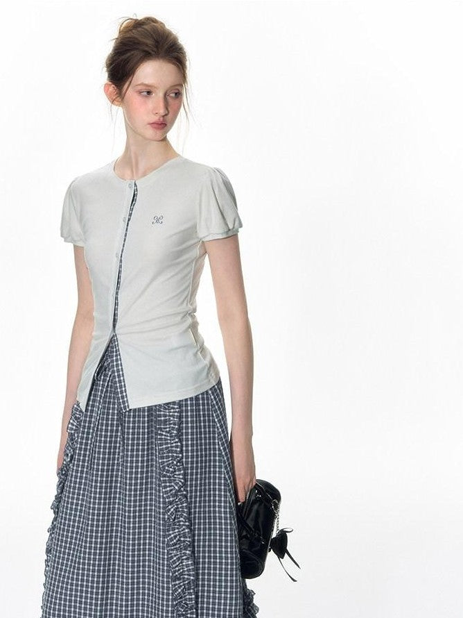 NAPSNAPS Blue Gingham Patchwork Embroidered Ruffle Slim Women&