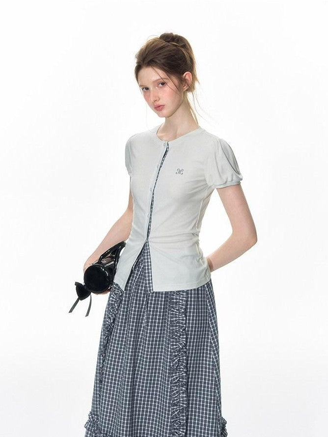 NAPSNAPS Blue Gingham Patchwork Embroidered Ruffle Slim Women&