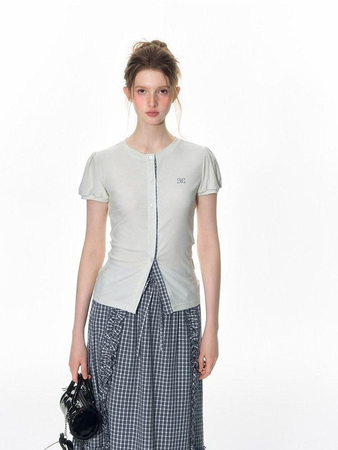 NAPSNAPS Blue Gingham Patchwork Embroidered Ruffle Slim Women&