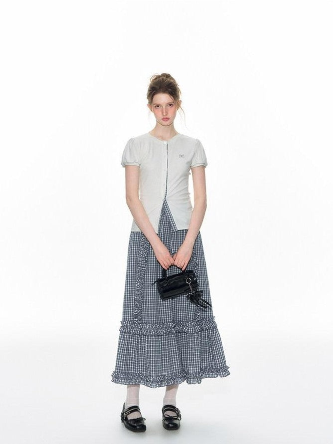 NAPSNAPS Blue Gingham Patchwork Embroidered Ruffle Slim Women&