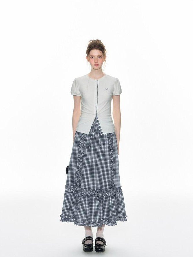 NAPSNAPS Blue Gingham Patchwork Embroidered Ruffle Slim Women&