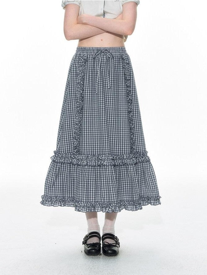 NAPSNAPS Blue Gingham Patchwork Embroidered Ruffle Slim Women&