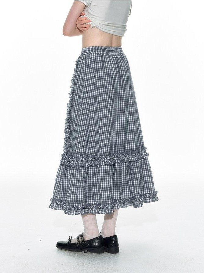 NAPSNAPS Blue Gingham Patchwork Embroidered Ruffle Slim Women&