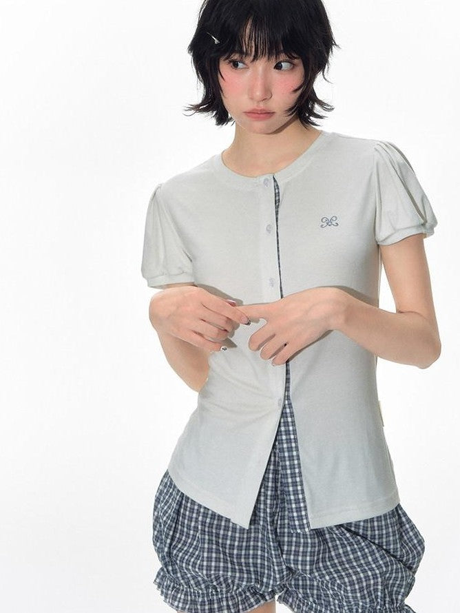 NAPSNAPS Blue Gingham Patchwork Embroidered Ruffle Slim Women&