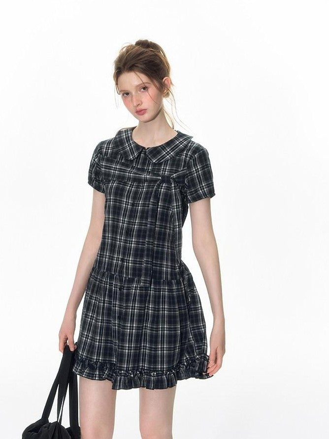 NAPSNAPS Blue Plaid Doll Collar Tie High Waist A Line Women&