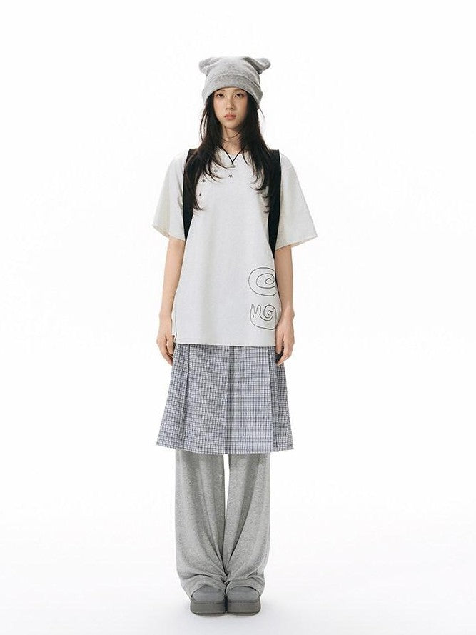 NAPSNAPS Blue White Plaid Patchwork Skirt Overlay Straight Women&
