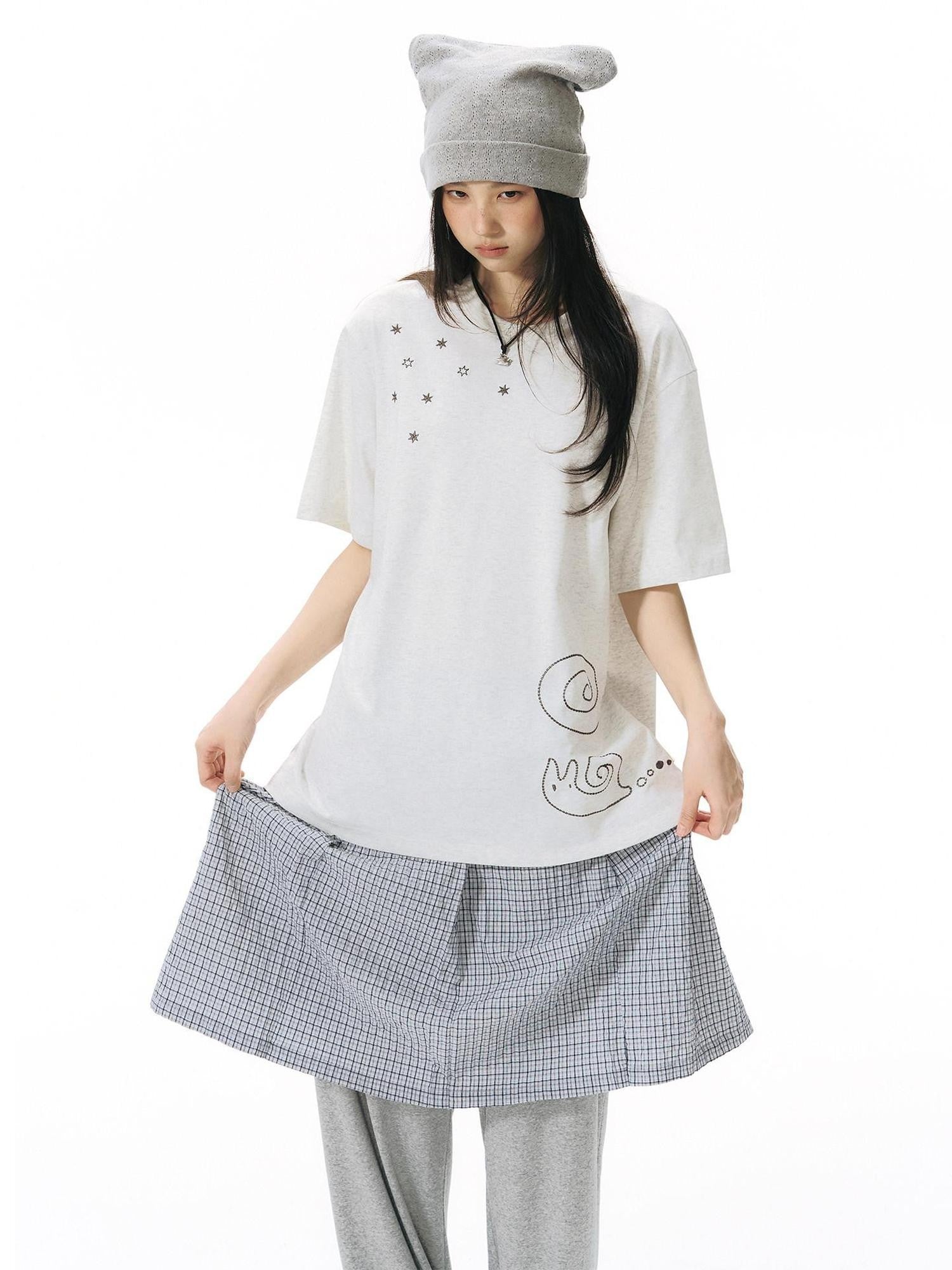 NAPSNAPS Blue White Plaid Patchwork Skirt Overlay Straight Women&