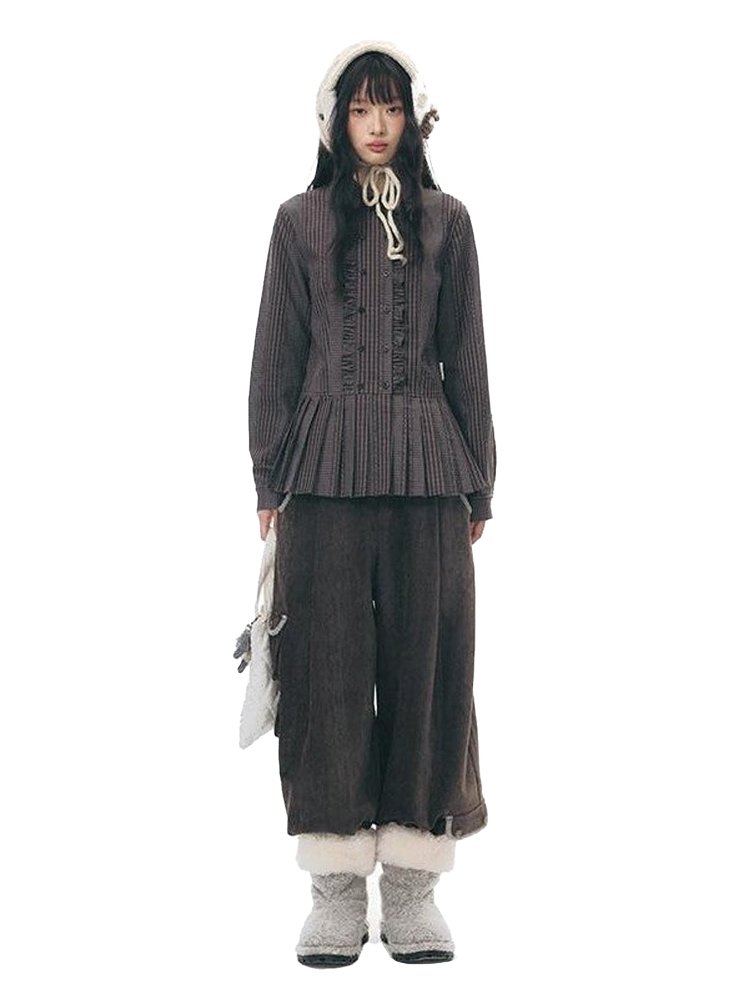 NAPSNAPS Brown Purple Plaid Lettuce Edge Double Placket Women&