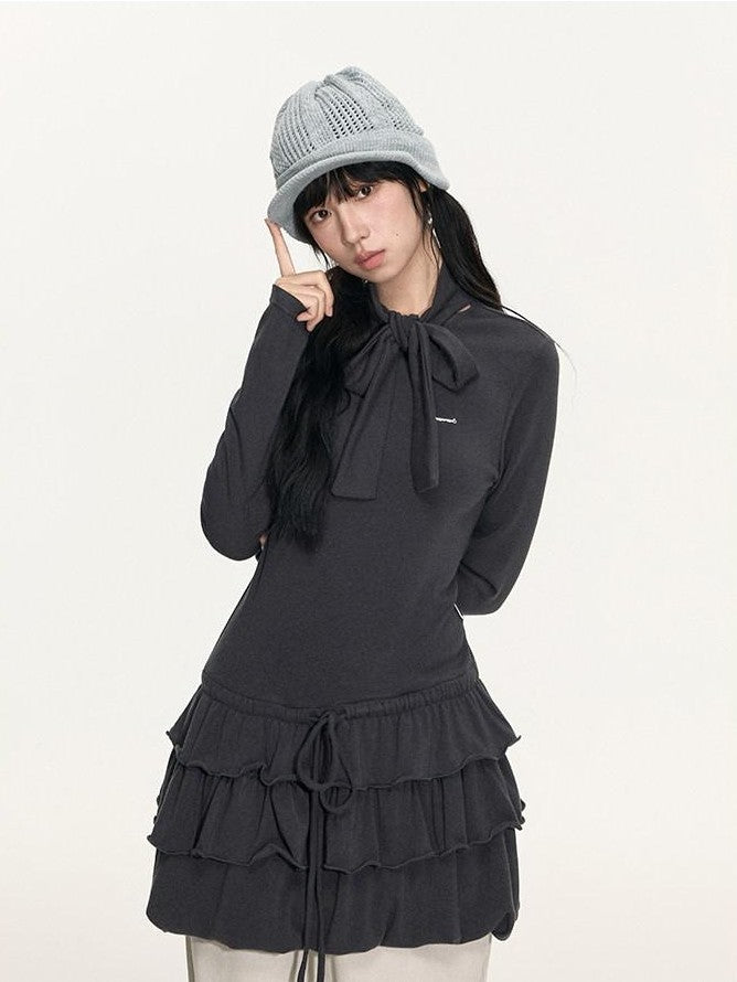 NAPSNAPS Bubble Hem Tie Neck Knit A Line Women&
