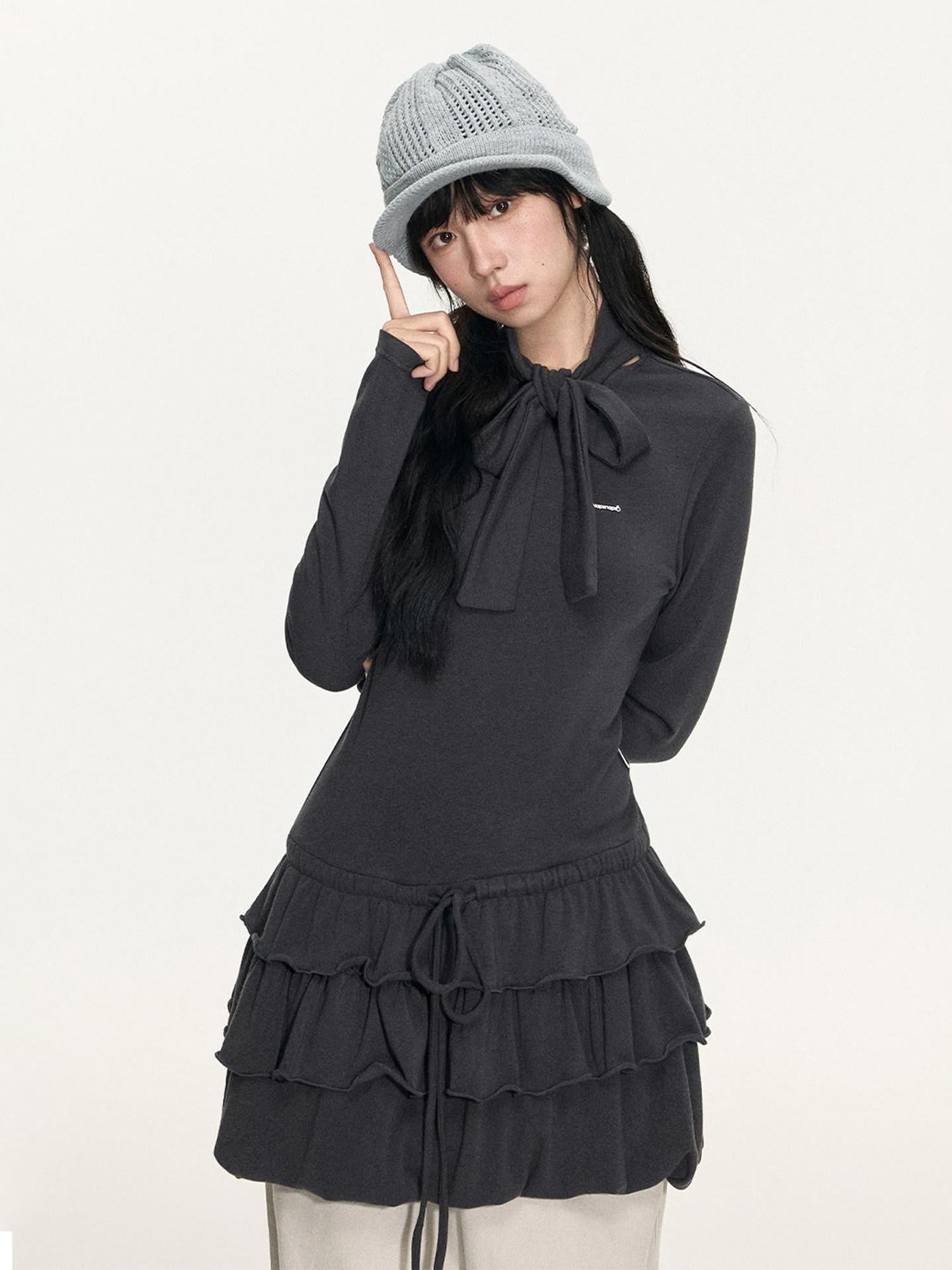 NAPSNAPS Bubble Hem Tie Neck Knit A Line Women&
