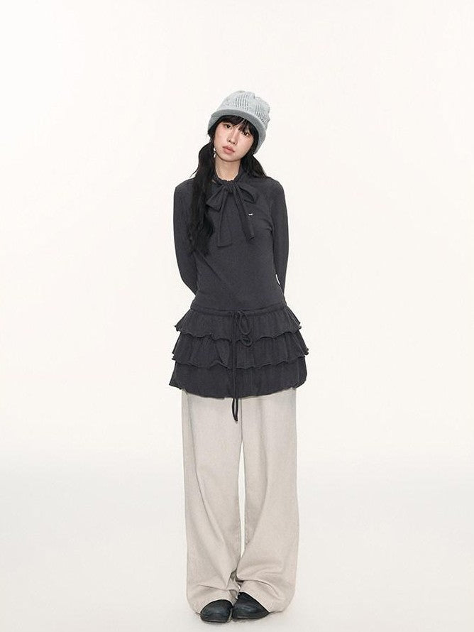 NAPSNAPS Bubble Hem Tie Neck Knit A Line Women&