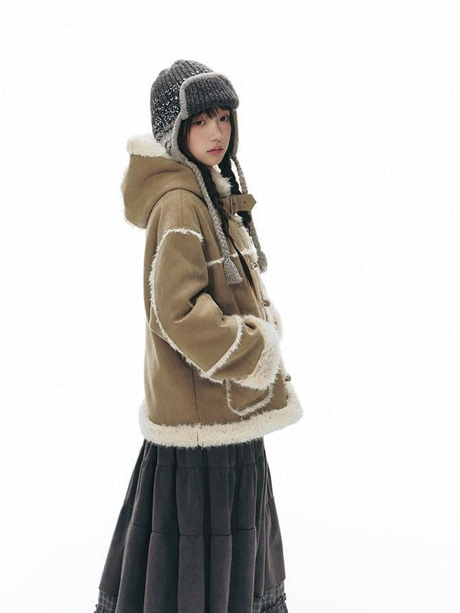 NAPSNAPS Camel Hooded Faux Shearling Patchwork Women&