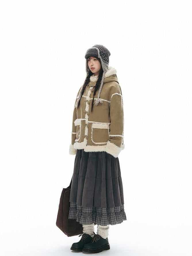 NAPSNAPS Camel Hooded Faux Shearling Patchwork Women&