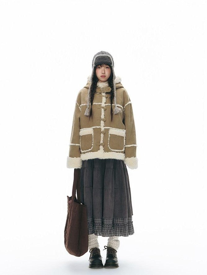 NAPSNAPS Camel Hooded Faux Shearling Patchwork Women&