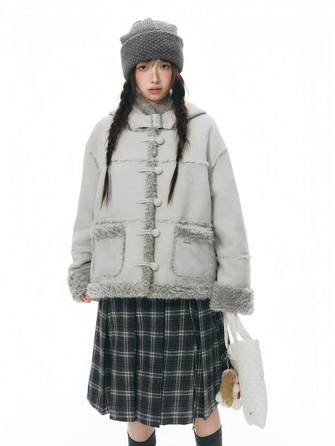 NAPSNAPS Camel Hooded Faux Shearling Patchwork Women&