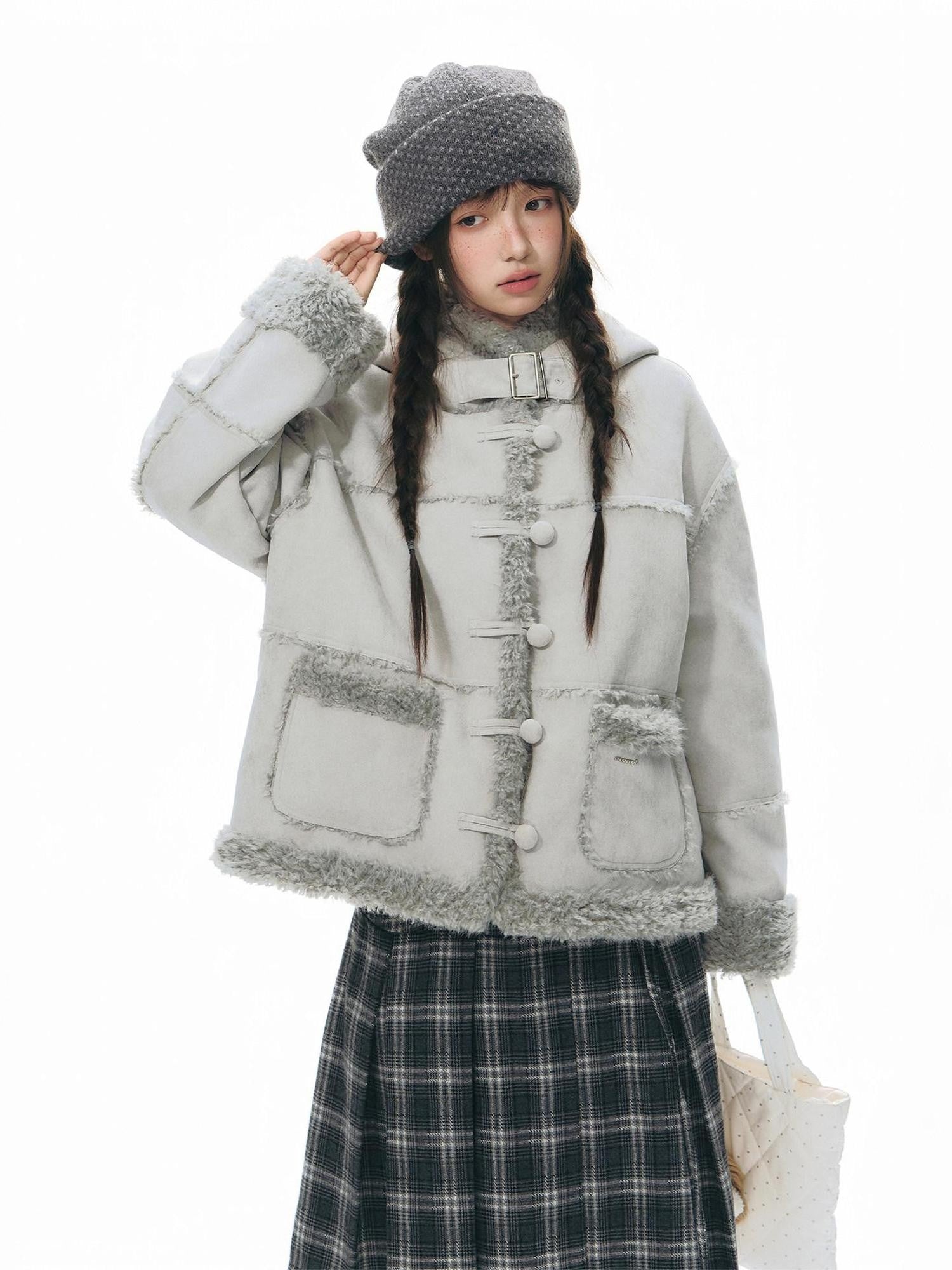 NAPSNAPS Camel Hooded Faux Shearling Patchwork Women&