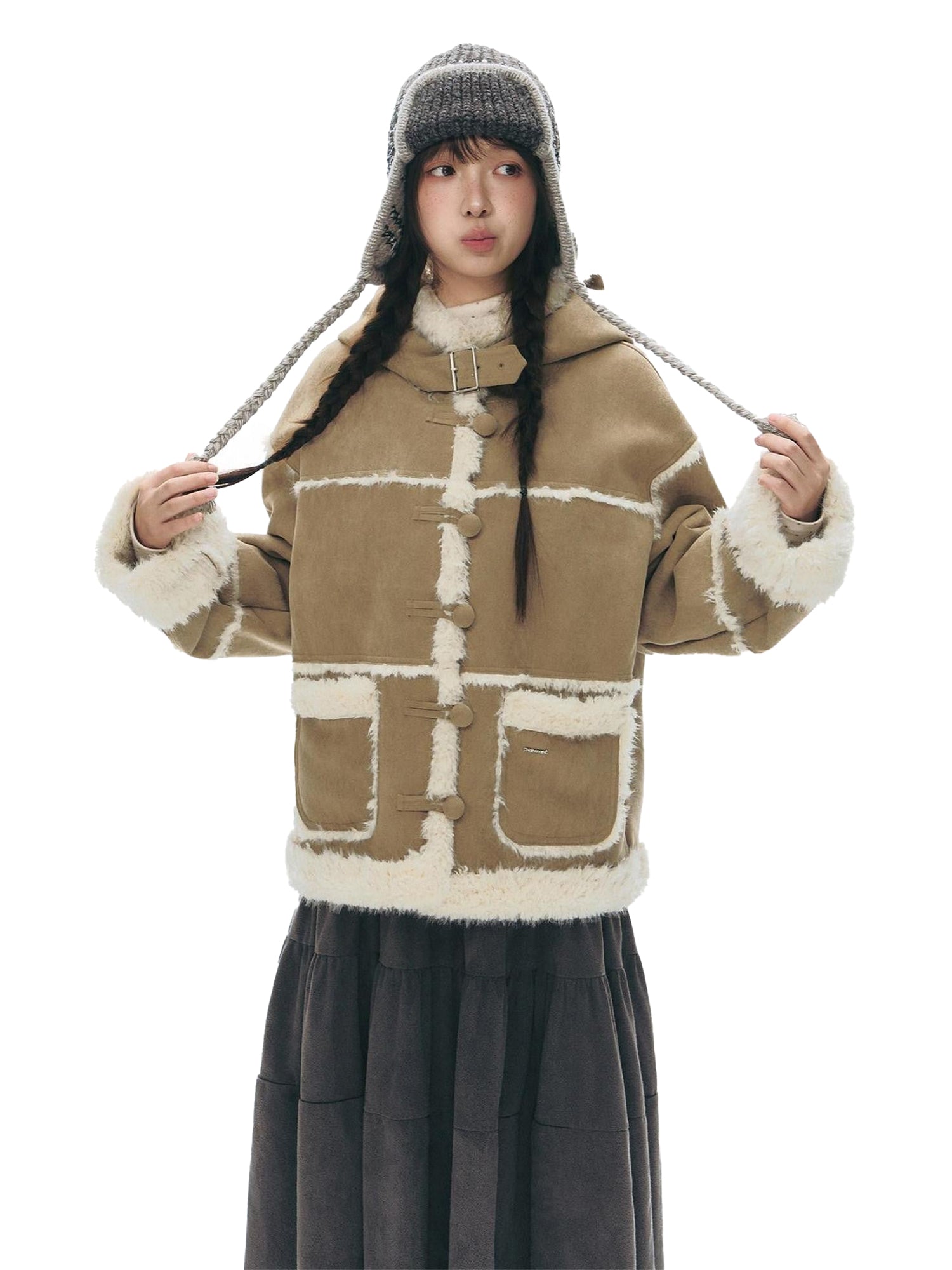 NAPSNAPS Camel Hooded Faux Shearling Patchwork Women&