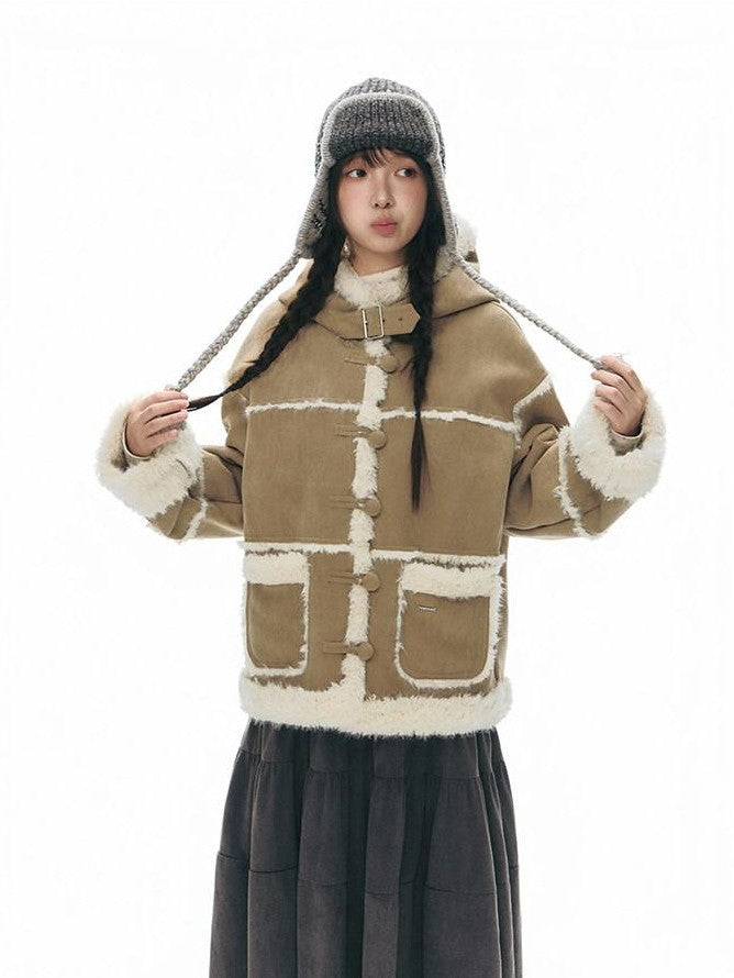 NAPSNAPS Camel Hooded Faux Shearling Patchwork Women&