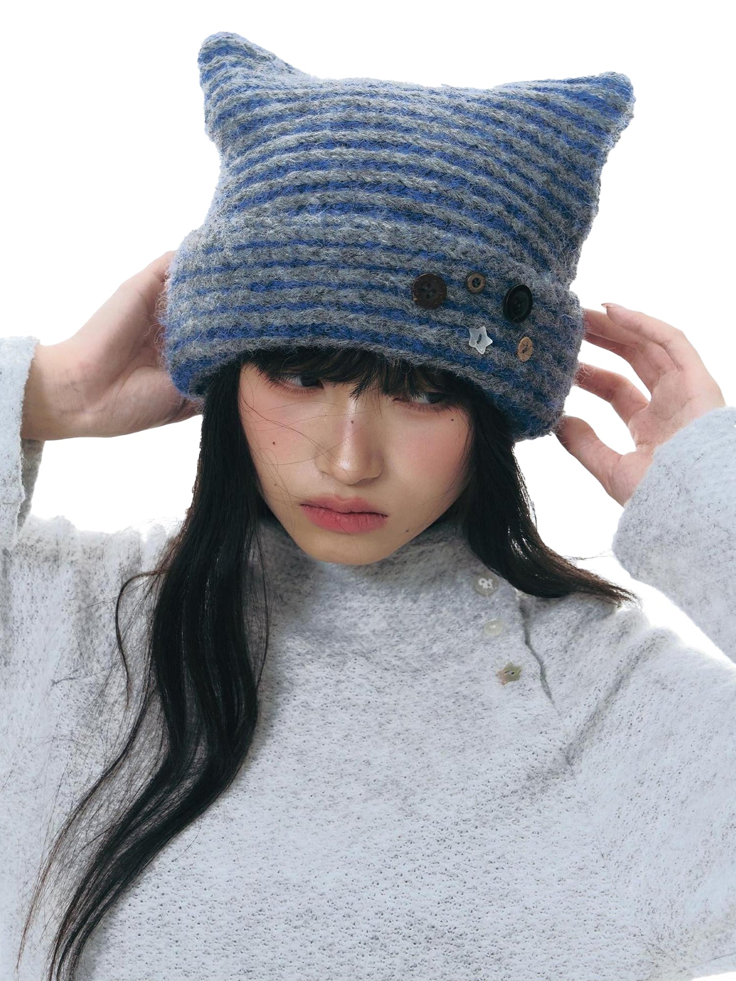 NAPSNAPS Cat Ear Button Striped Handmade Thick Knitted Women&