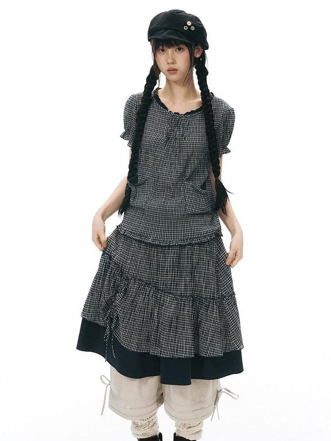 NAPSNAPS Checked Asymmetric Placket Ruffle Women&