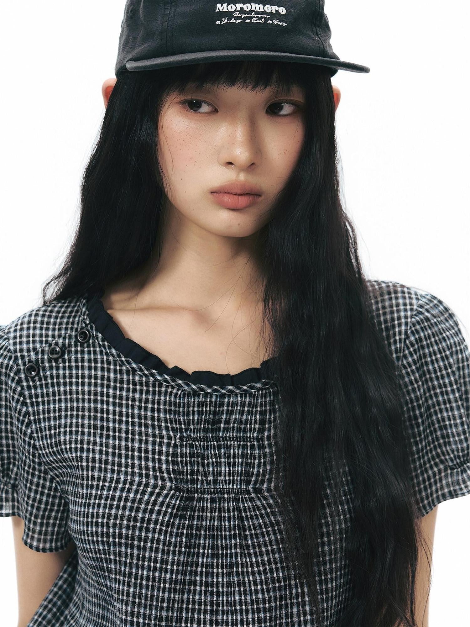 NAPSNAPS Checked Asymmetric Placket Ruffle Women&