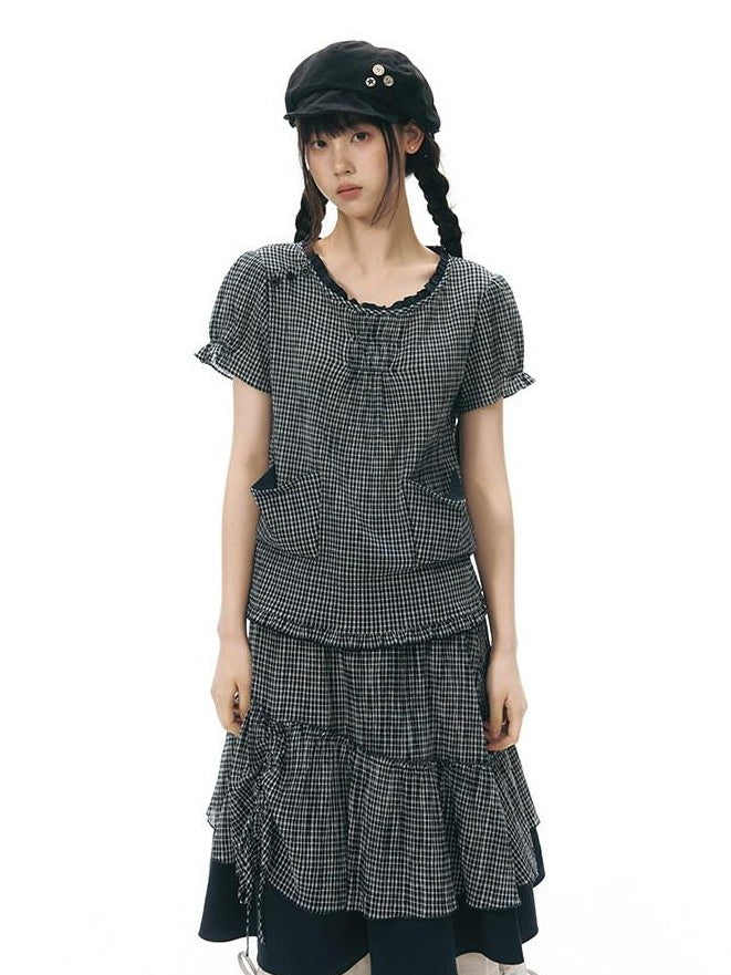 NAPSNAPS Checked Asymmetric Placket Ruffle Women&