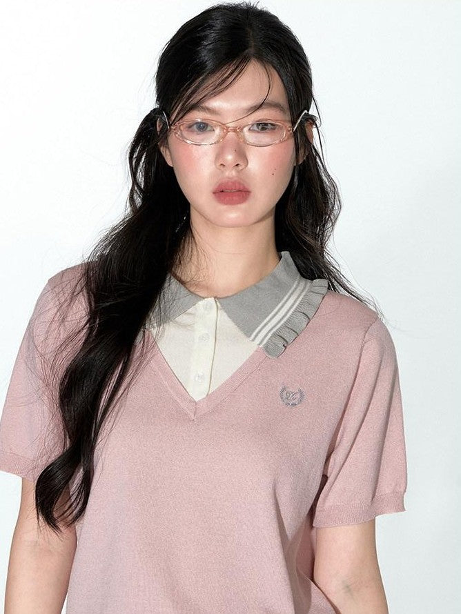 NAPSNAPS College Faux Layered Polo Collar Knit Women&