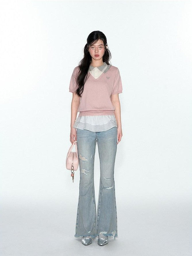 NAPSNAPS College Faux Layered Polo Collar Knit Women&