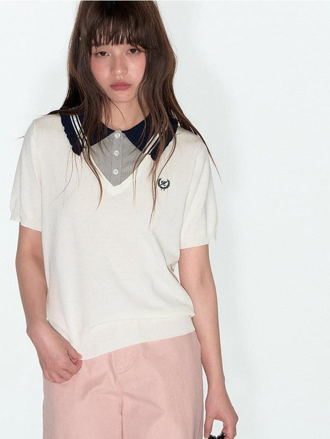 NAPSNAPS College Faux Layered Polo Collar Knit Women&