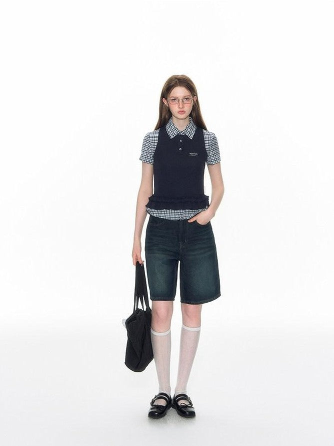 NAPSNAPS College Plaid Embroidered Faux Ruffle Polo Women&