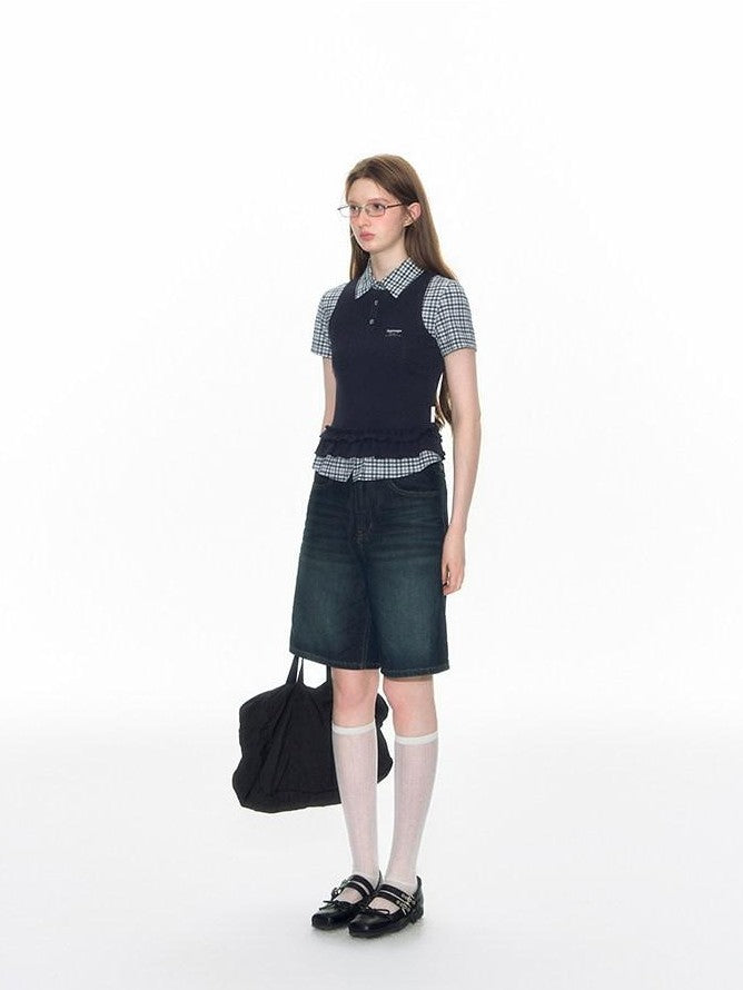 NAPSNAPS College Plaid Embroidered Faux Ruffle Polo Women&