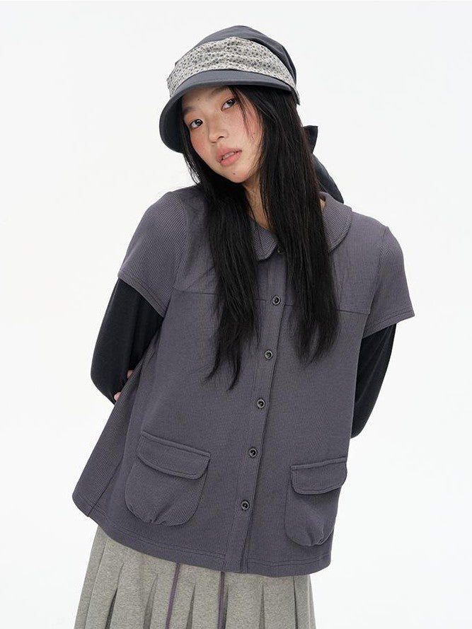NAPSNAPS Color Block Faux Two Piece Knit Doll Collar Women&