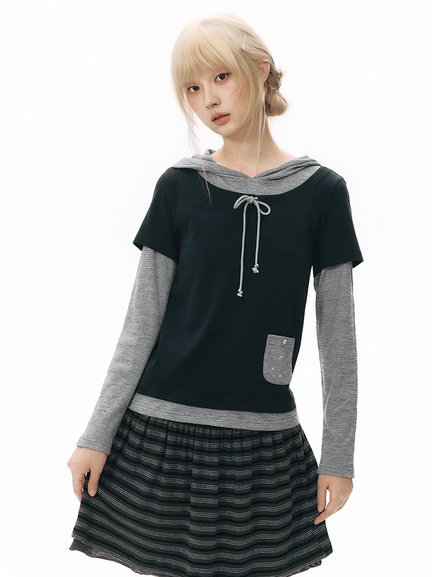 NAPSNAPS Colorblock Faux Layered Hooded Women&