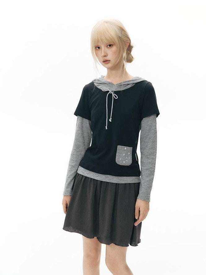 NAPSNAPS Colorblock Faux Layered Hooded Women&