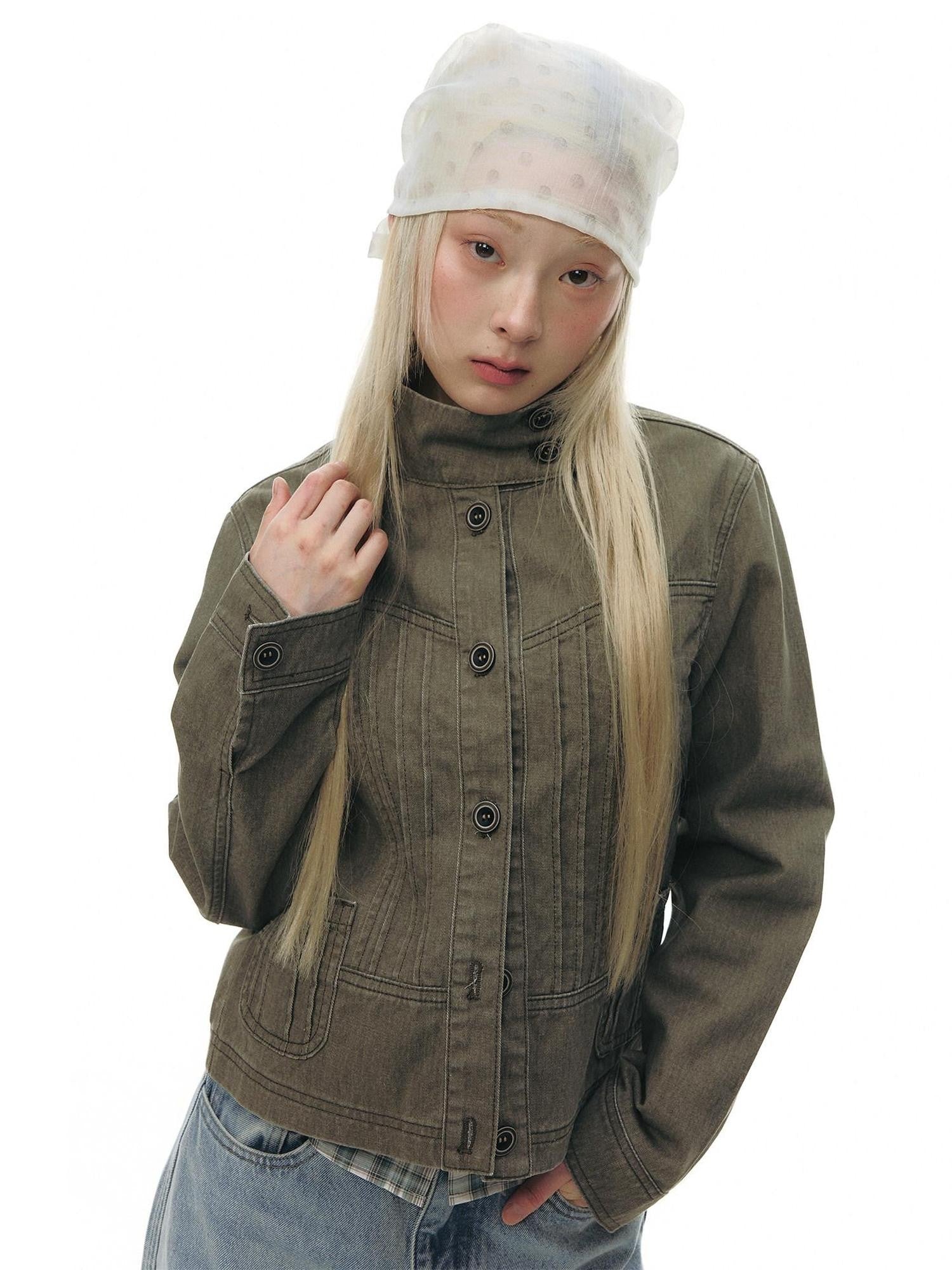 NAPSNAPS Contrast Panel Stand Collar Utility Women&
