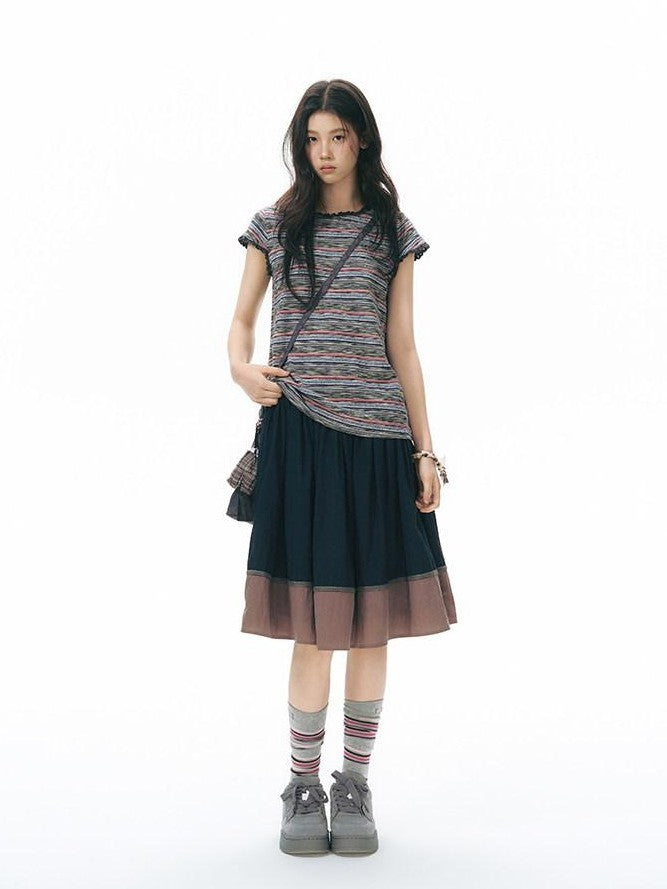 NAPSNAPS Contrast Tape Patchwork Lace A Line Women&