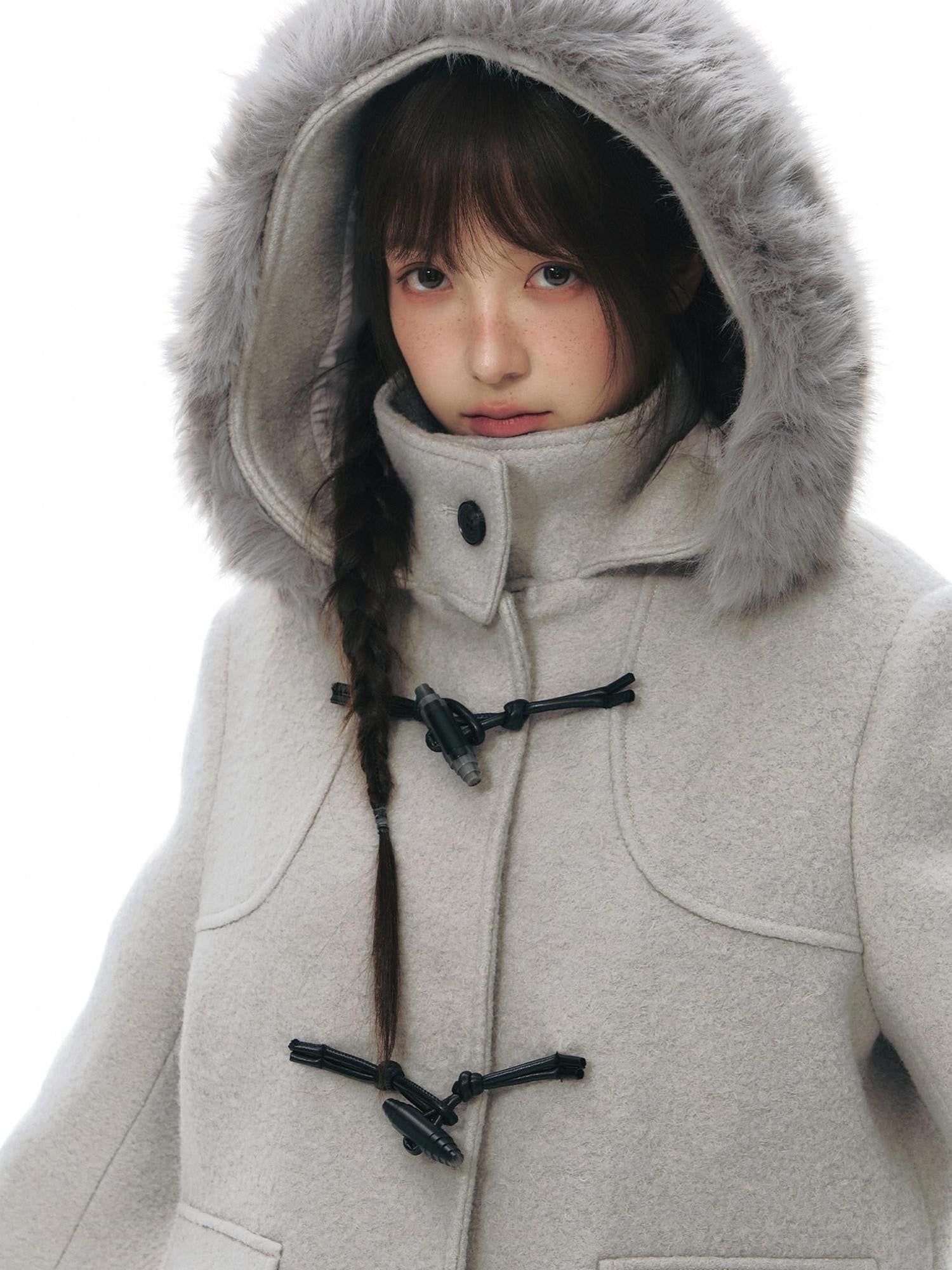 NAPSNAPS Cool White Retro Detachable Fur Collar Toggle Hooded Padded Women&